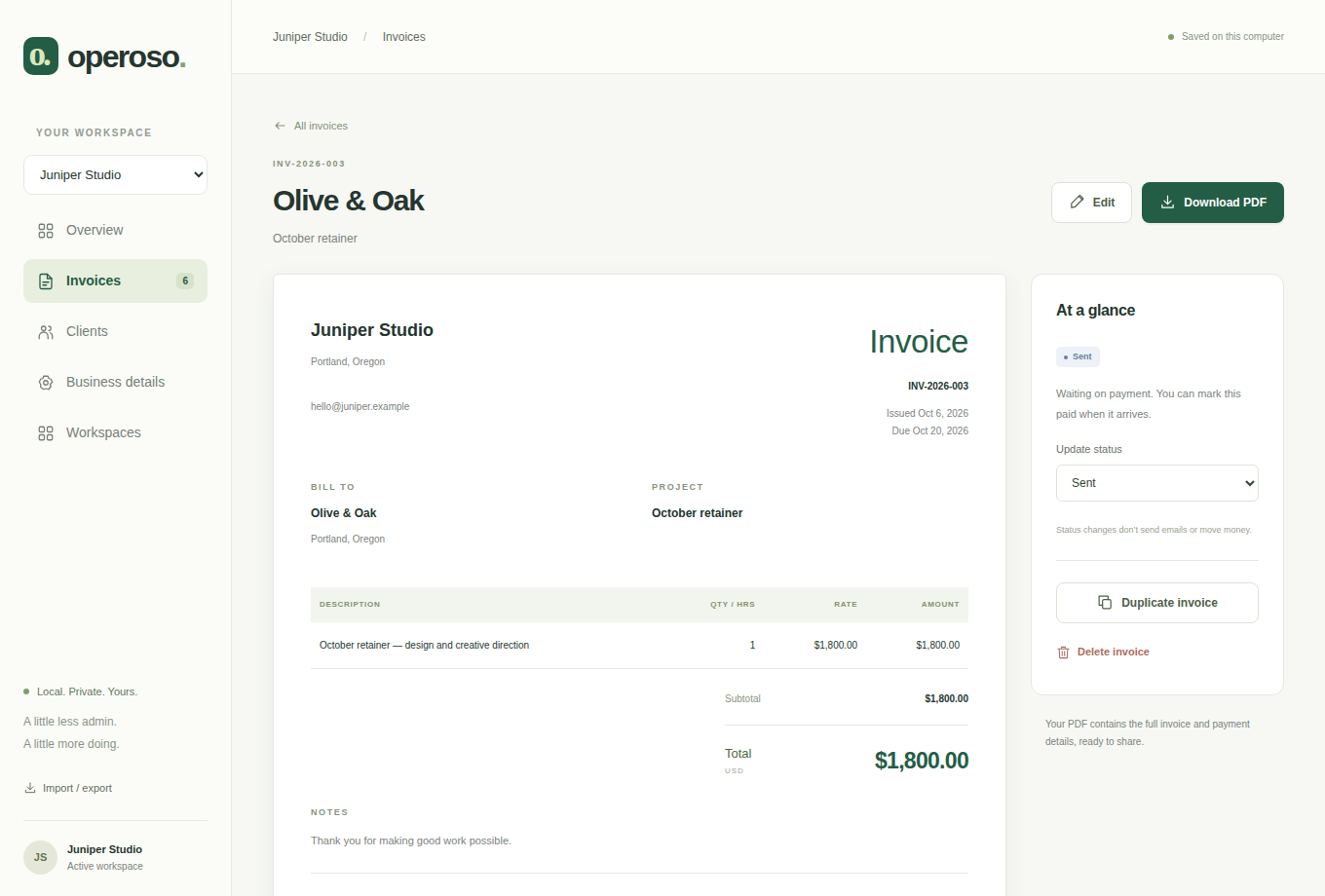 An invoice for fictional client Olive & Oak, with business details, line items, totals, and PDF export.