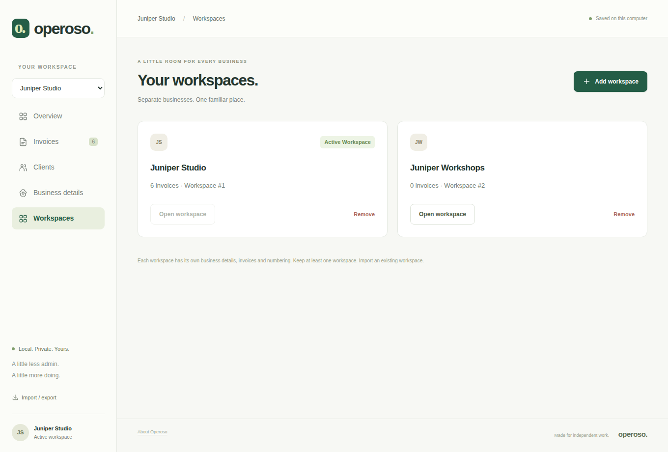 Separate workspaces for fictional Juniper Studio and Juniper Workshops, with controls to add or manage a business.